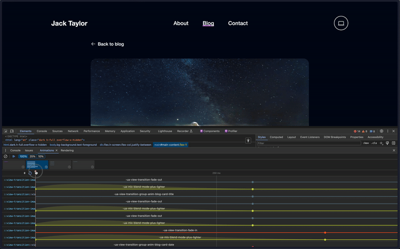 Using Chrome's animation drawer to debug a view transition animation